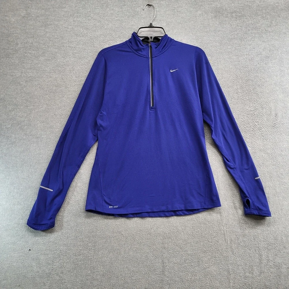 Nike‎ Women Sweatshirt Medium Blue Swoosh Logo 1/2 Zip Thumbhole Dri Fit Mock